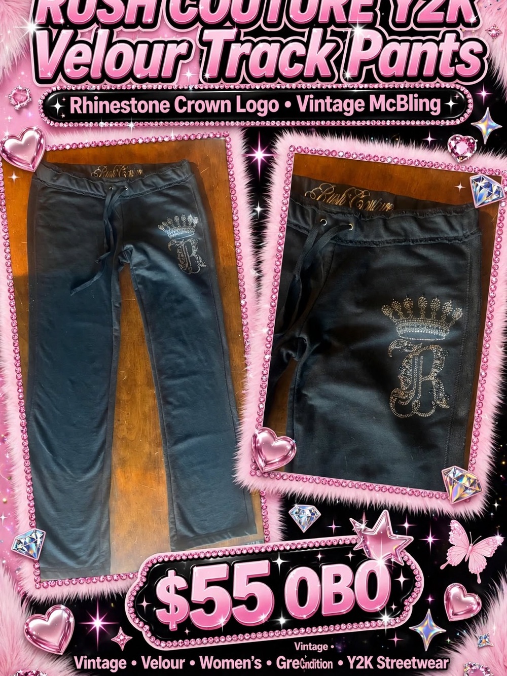 Y2K Black Velour Rhinestone Crown Track Pants